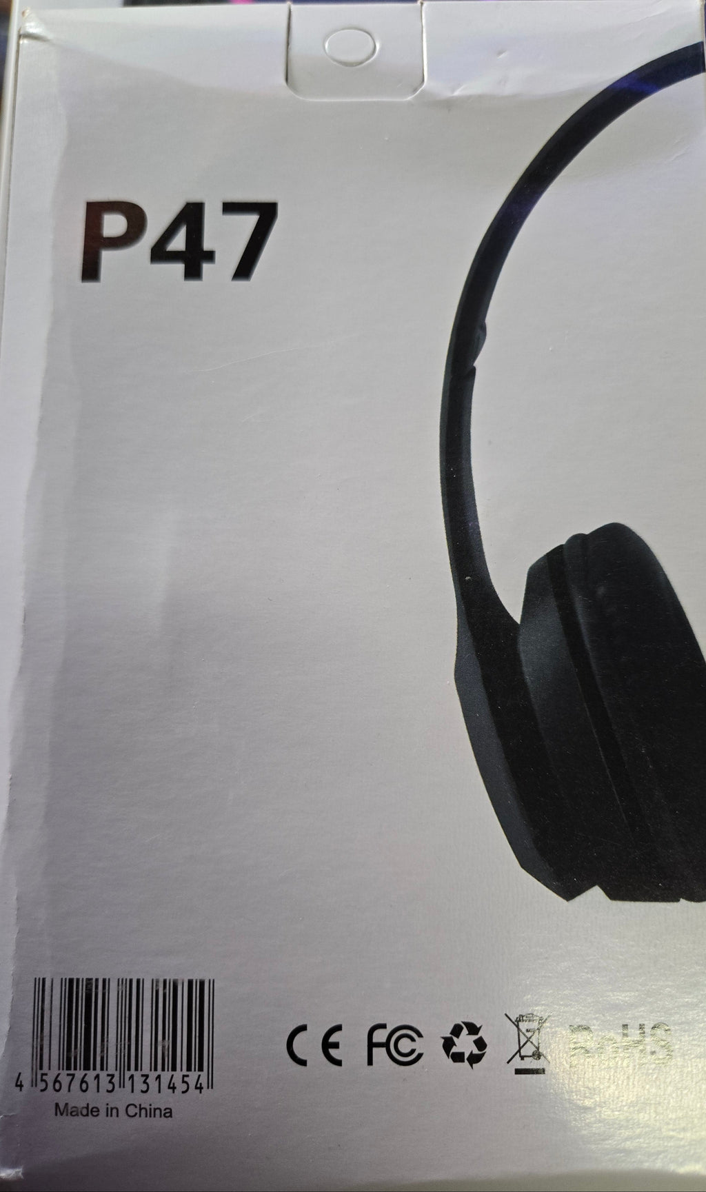 Compact Folding Headphones - P47 retail packaging box with specifications