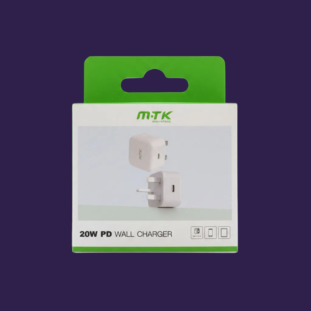 M.T.K 20W PD wall charger packaging with green and white design.