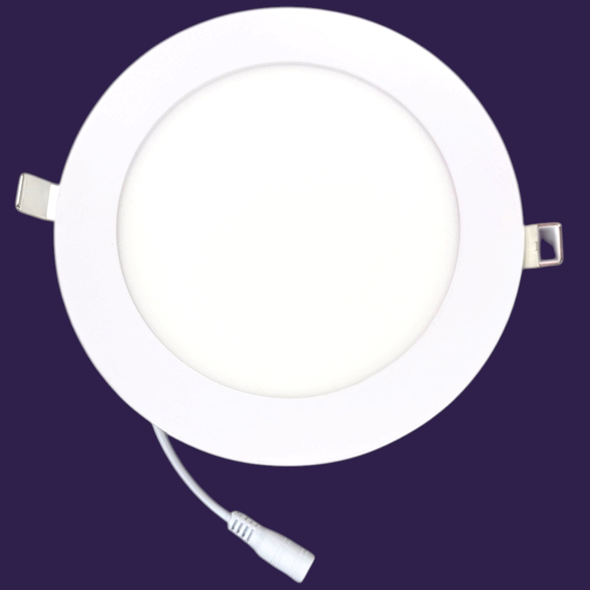 Single 11W Round LED Downlight Panel with mounting clips and connector cord
