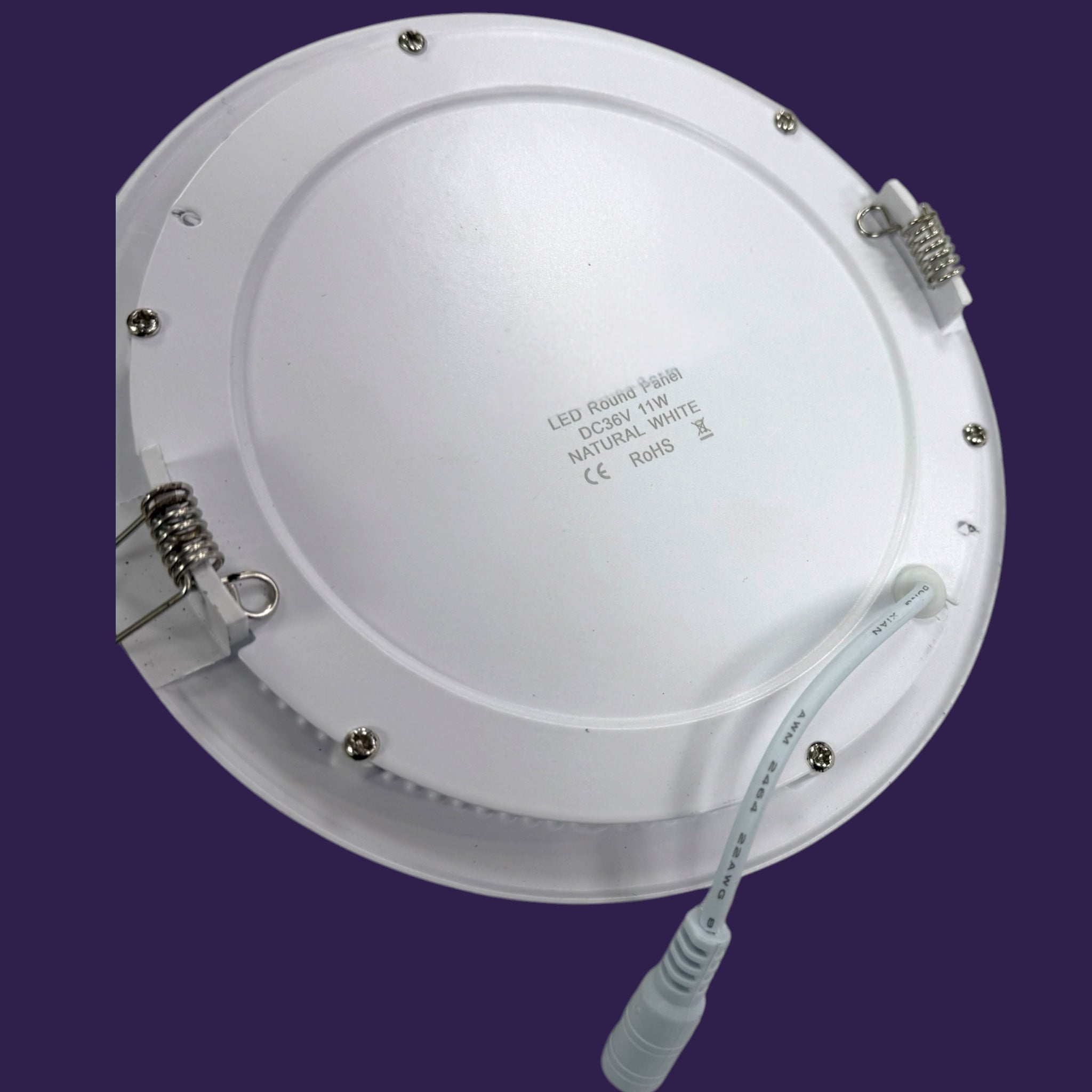 Back panel of 11W Round LED Downlight Panel displaying technical specs and certifications