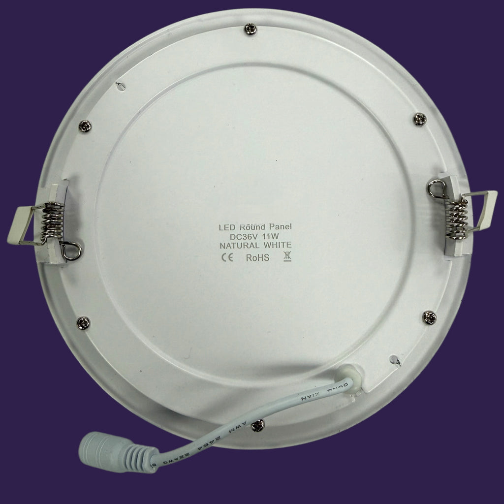 Rear view of 11W Round LED Ceiling Light Panel showcasing driver cord and tension springs