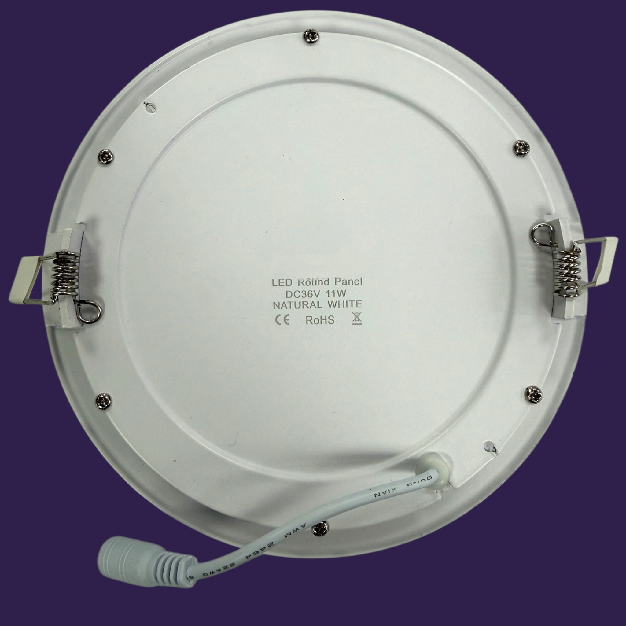 Rear view of 11W Round LED Ceiling Light Panel showcasing driver cord and tension springs