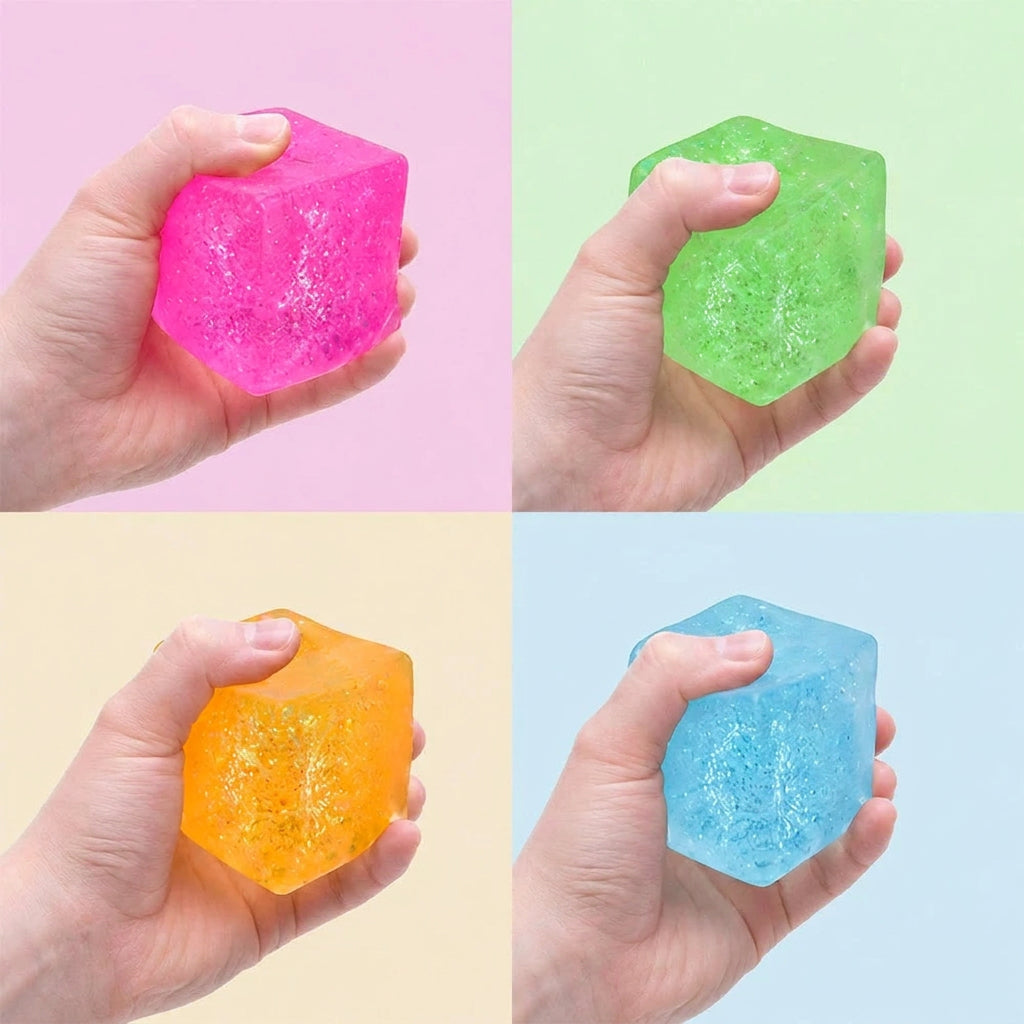 Four assorted colours of giant ice cube squishy sensory cubes