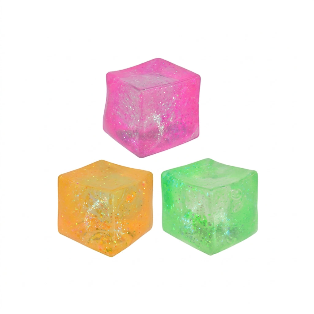 Three colourful translucent glitter ice cube squishies