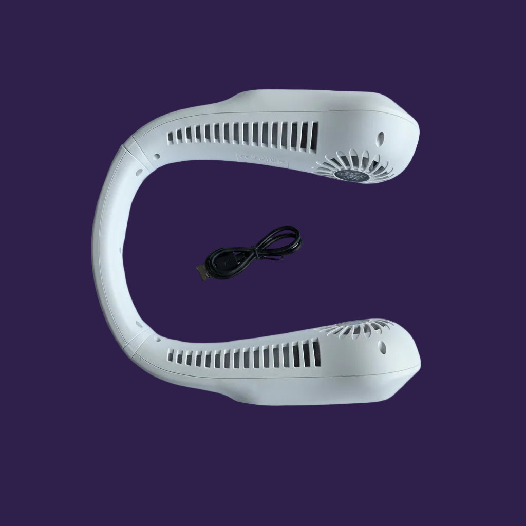 White Bladeless Neck Cooler with USB charging cable