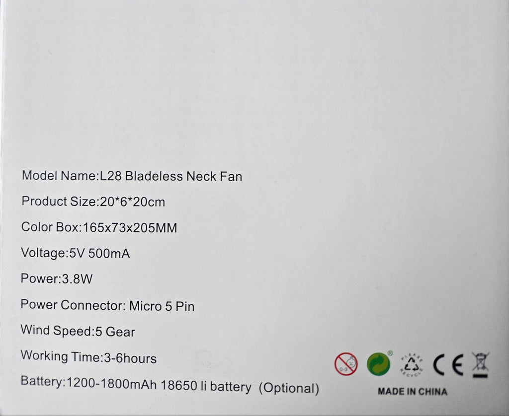 Specifications on Bladeless Neck Fan packaging