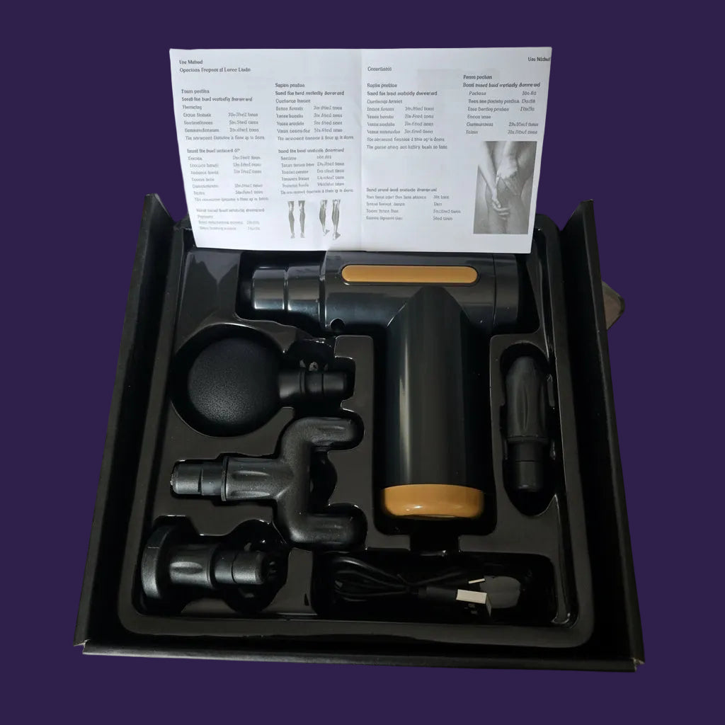 MG-01 Deep Tissue Percussion Massage Gun kit in a black tray with 5 attachments and charging cable
