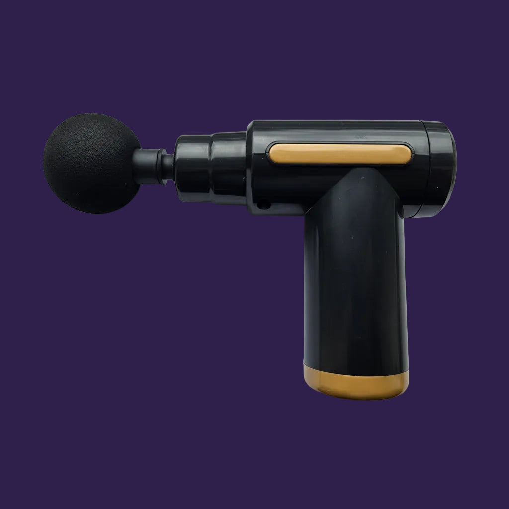 MG-01 Deep Tissue Percussion Massage Gun in glossy black with gold accents - side profile view