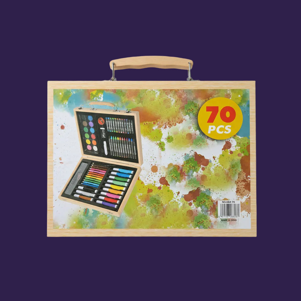 A 70-piece wooden art set in a light wood carrying case with a colorful watercolor splatter design on the cover, photographed on a dark ribbed surface.