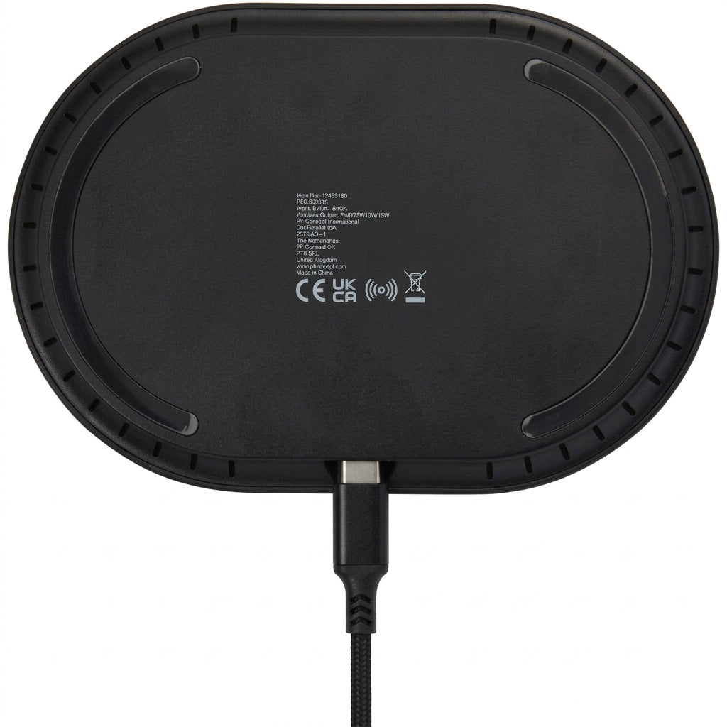 Wireless 15W Fast Charging Pad underside with USB-C port and specifications