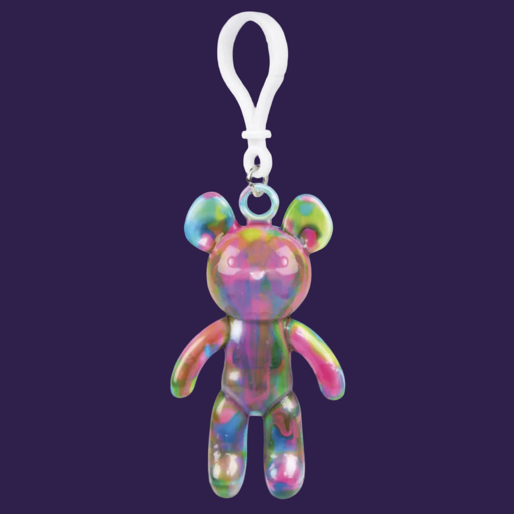 Finished fluid art marble bear keyring in bright multi-colour swirl