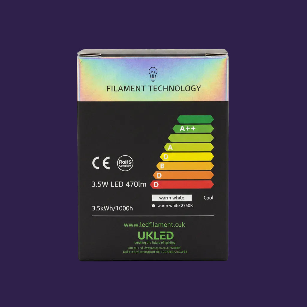 UKLED 3.5W LED Bulb packaging showing energy rating label