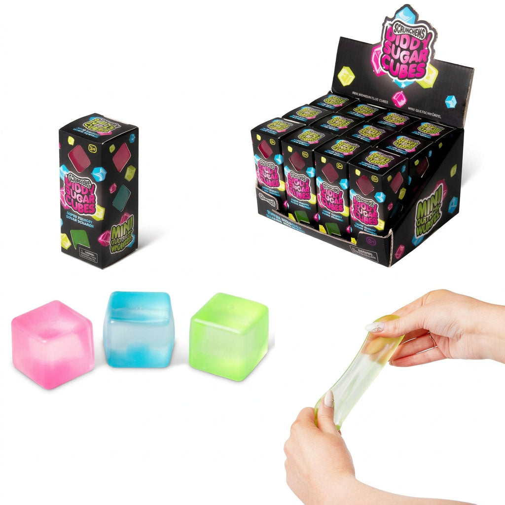 Scrunchems Diddy Sugar Cubes retail display box and squishy cubes