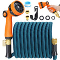 Expandable Garden Hose 100ft with solid brass fittings, spray gun, wall hanger, and accessories