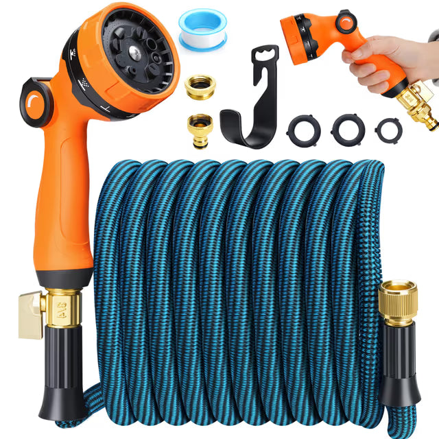 Expandable Garden Hose 100ft with solid brass fittings, spray gun, wall hanger, and accessories