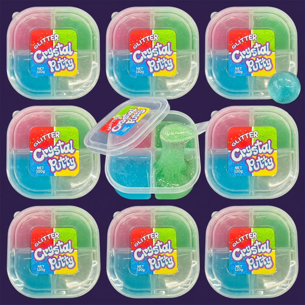 Glitter Crystal Putty display containers with play tools