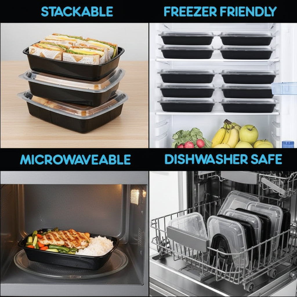 Collage of food containers with text highlighting features like stackable, freezer friendly, microwaveable, and dishwasher safe.
