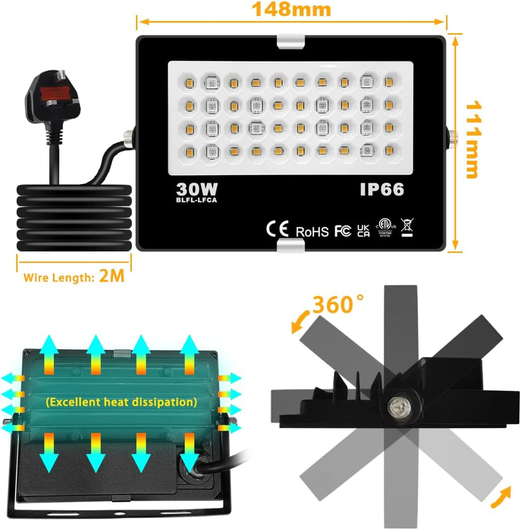 30W IP66 LED floodlight rear heat sink and mounting bracket view