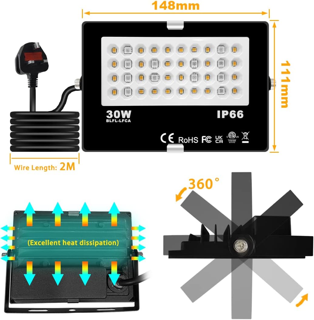 30W IP66 LED floodlight rear heat sink and mounting bracket view
