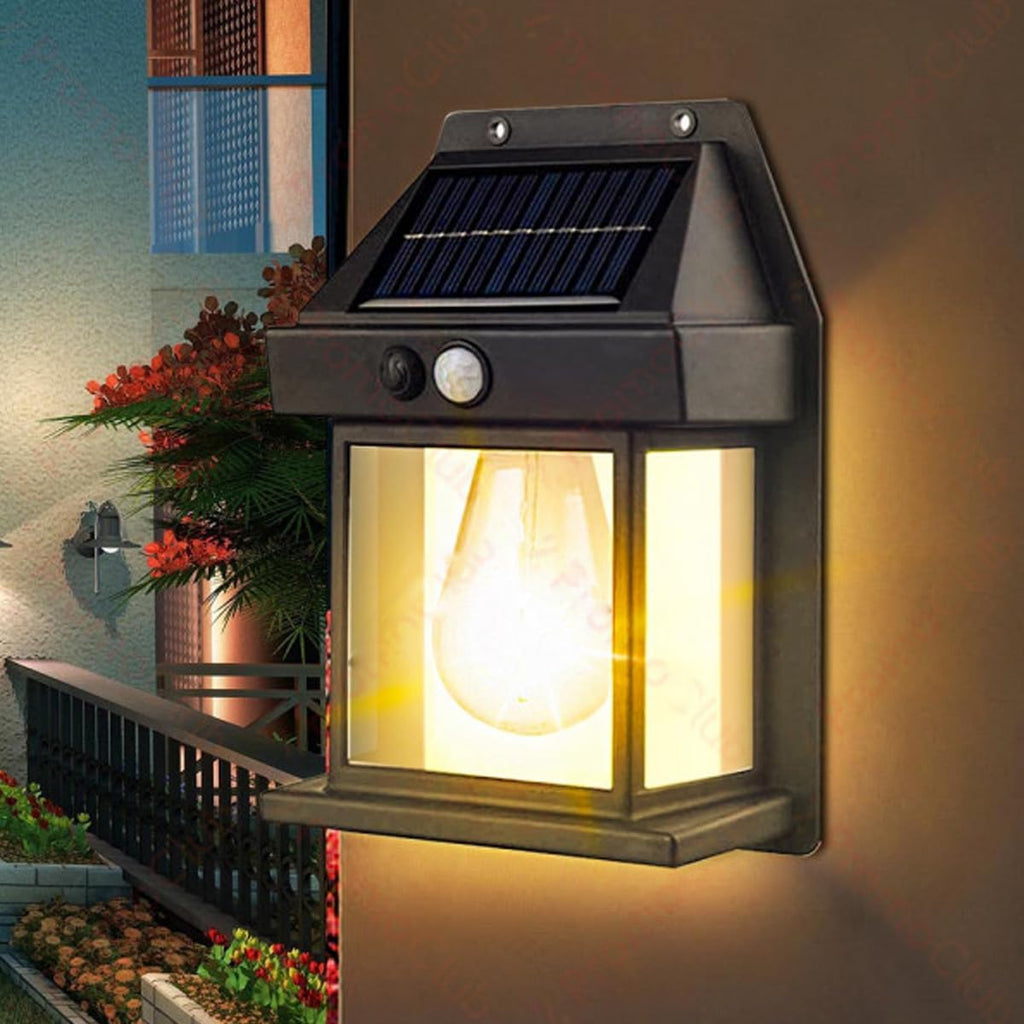 Solar Wall Light With Sensor mounted outdoors at dusk