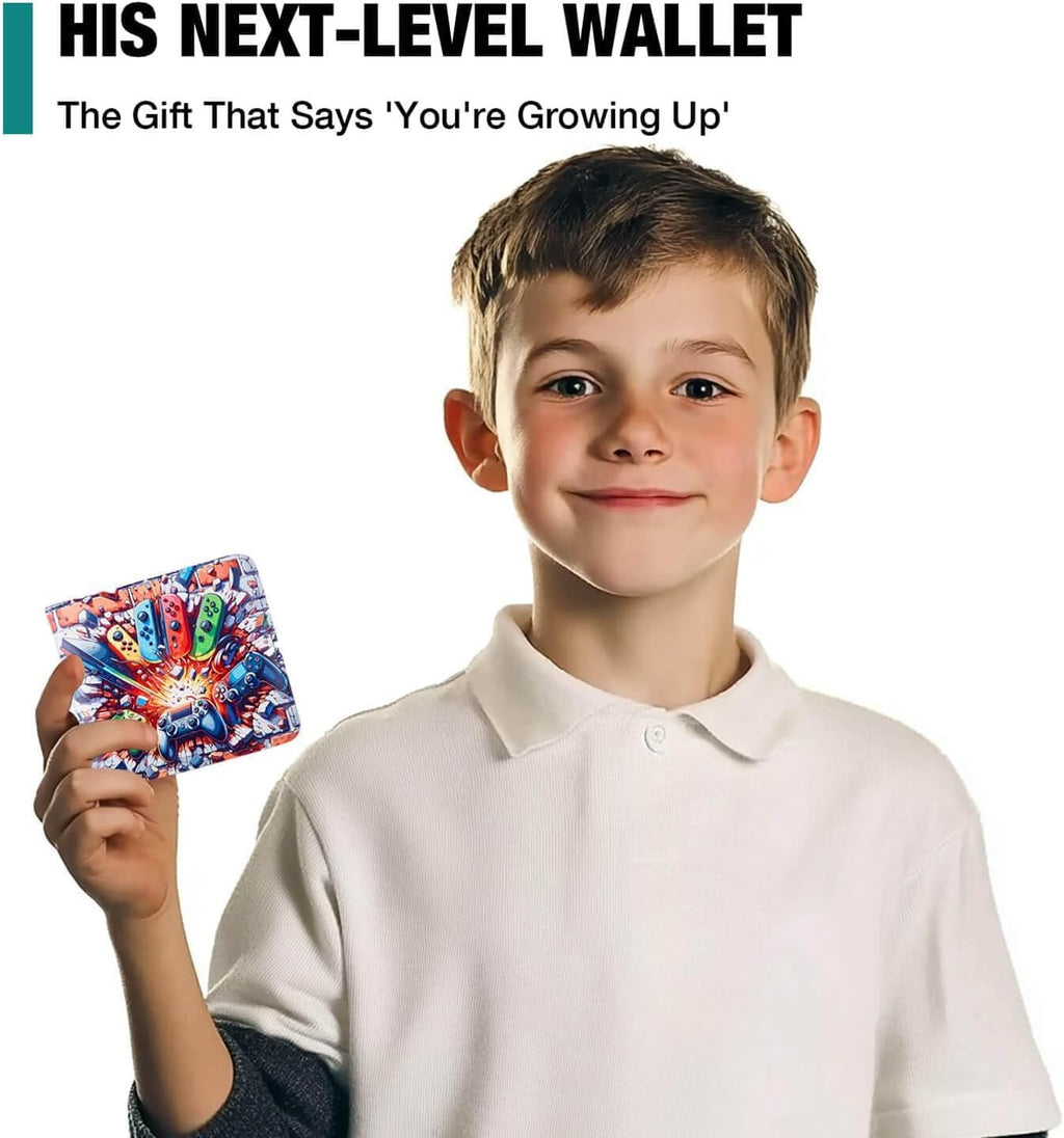 Young boy holding the slim gaming bifold wallet