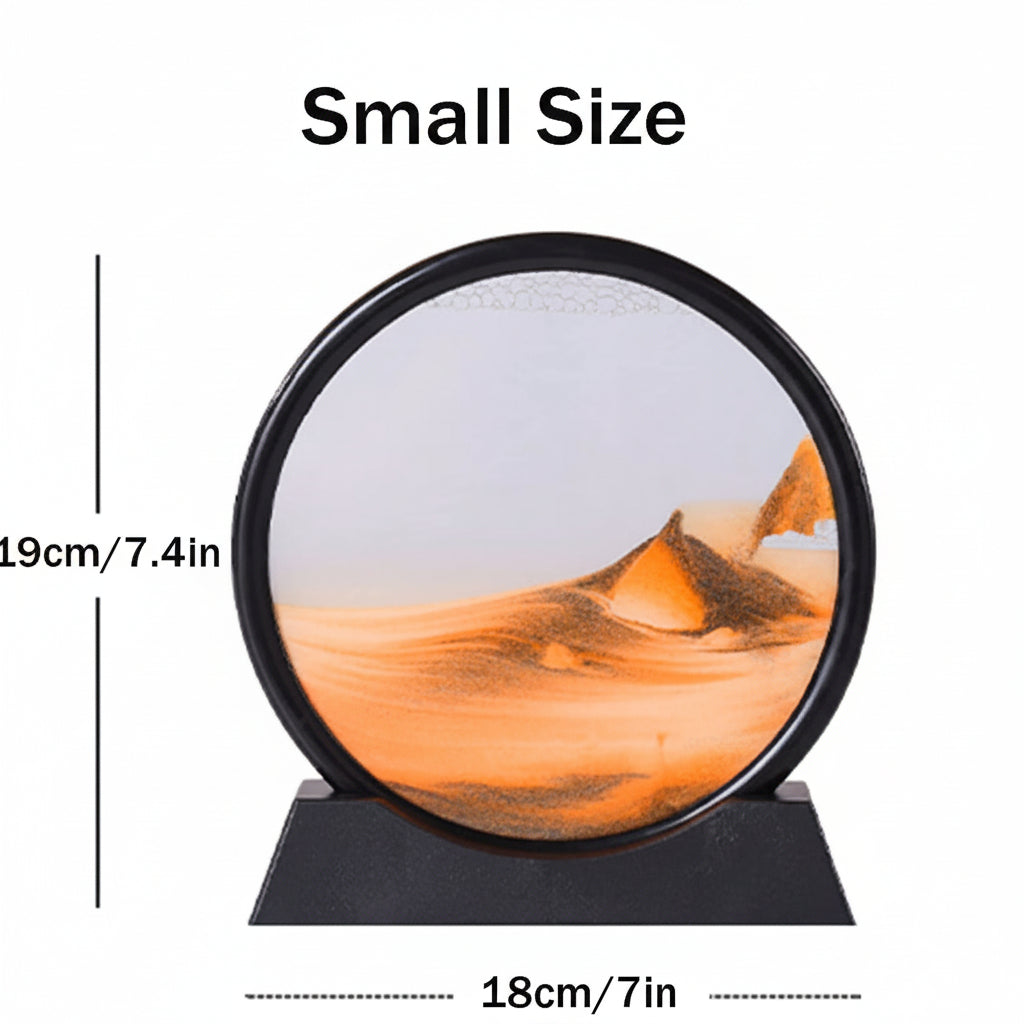 Moving Sandscapes circular orange sand frame with dimension measurements