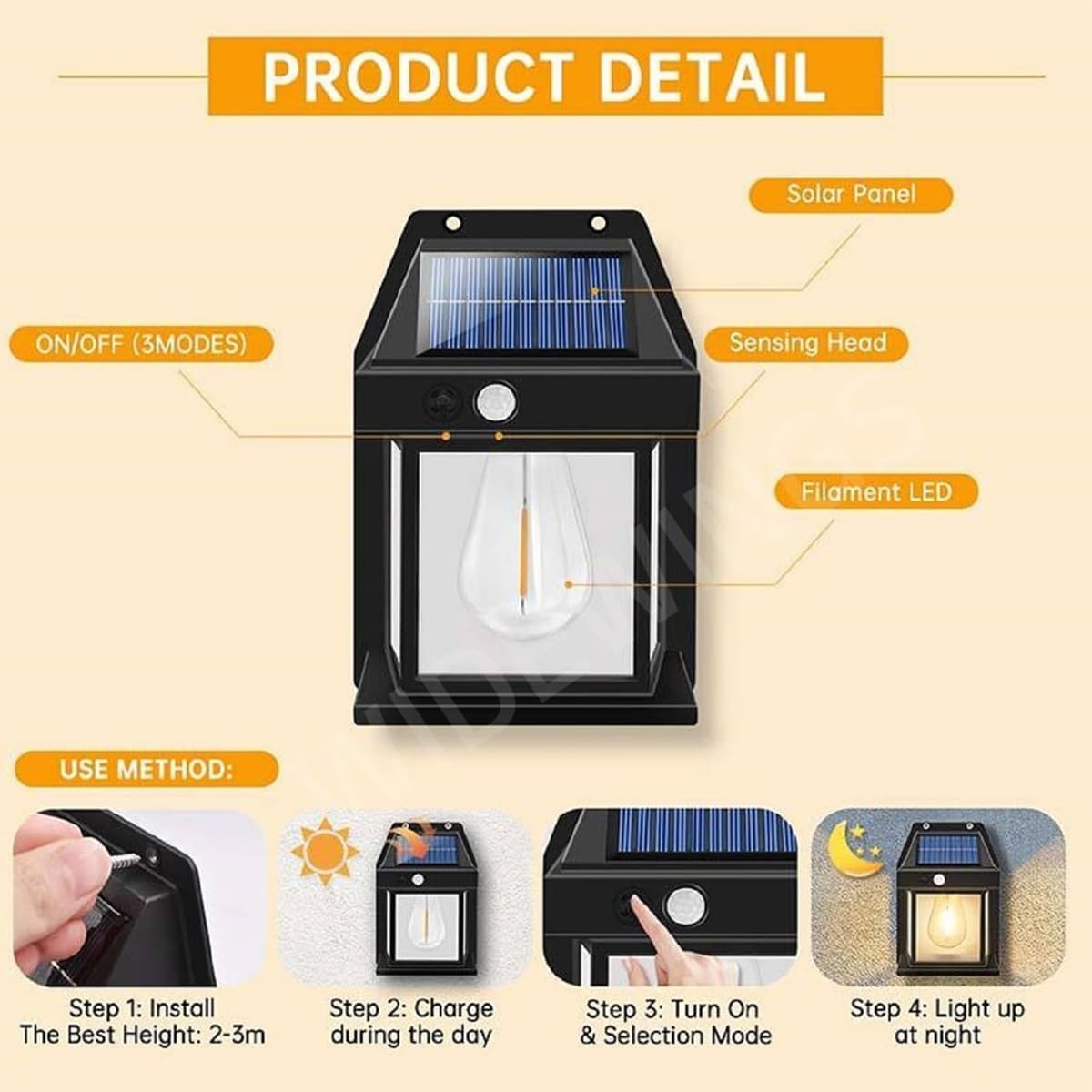 Solar Wall Light With Sensor front view and lighting mode switch