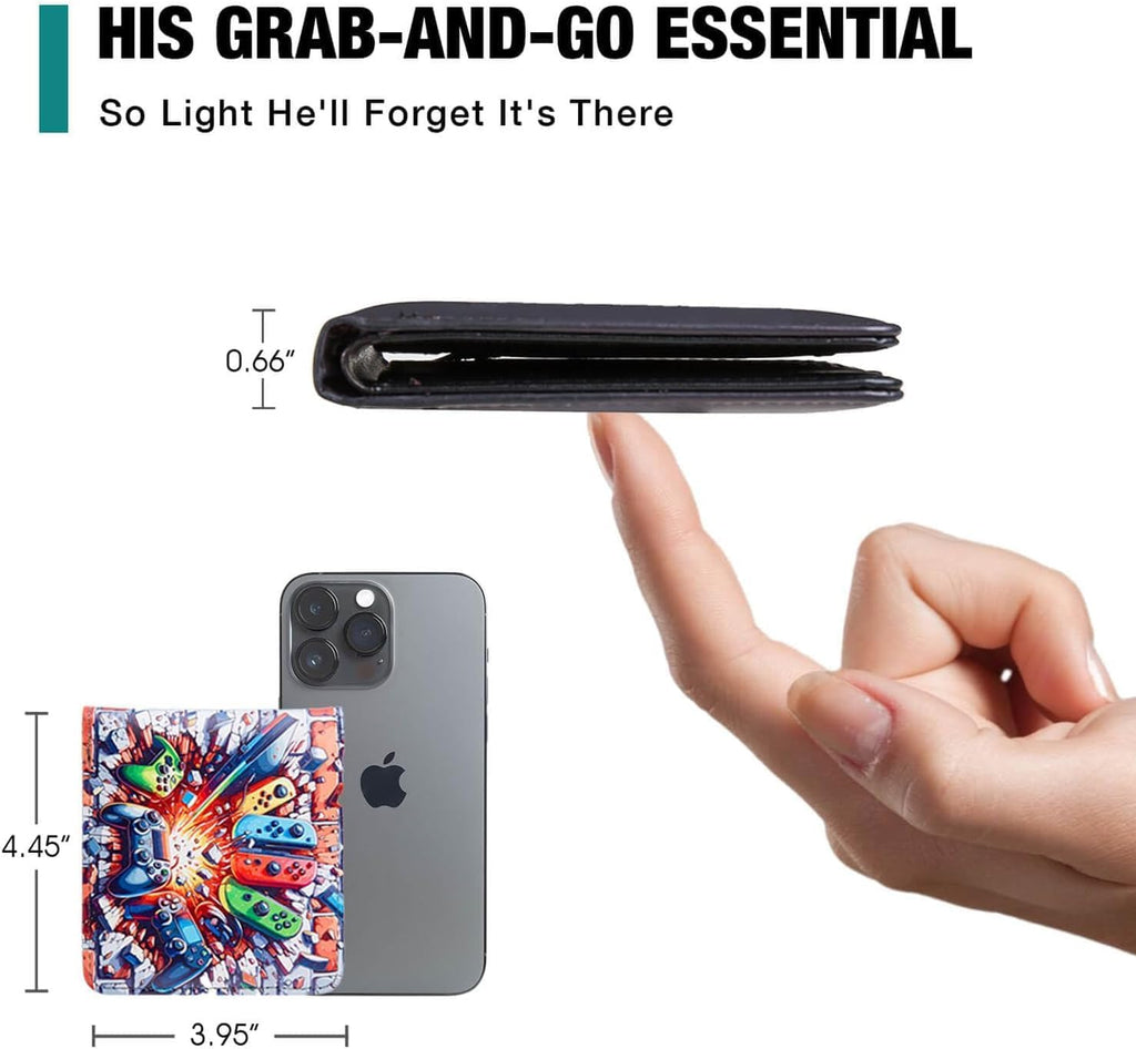 Slim profile of boys gamer wallet shown with dimensions and phone scale