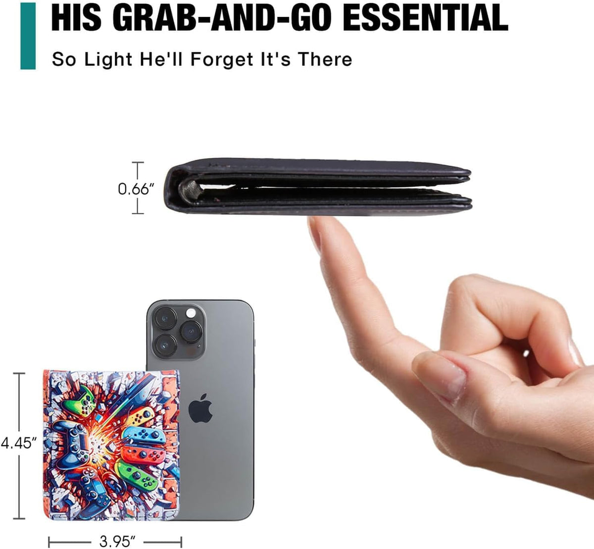 Slim profile of boys gamer wallet shown with dimensions and phone scale