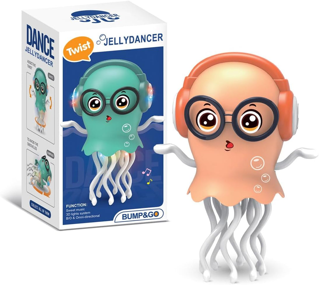 Peach Dancing Jellyfish toy with glasses and headphones beside retail packaging box