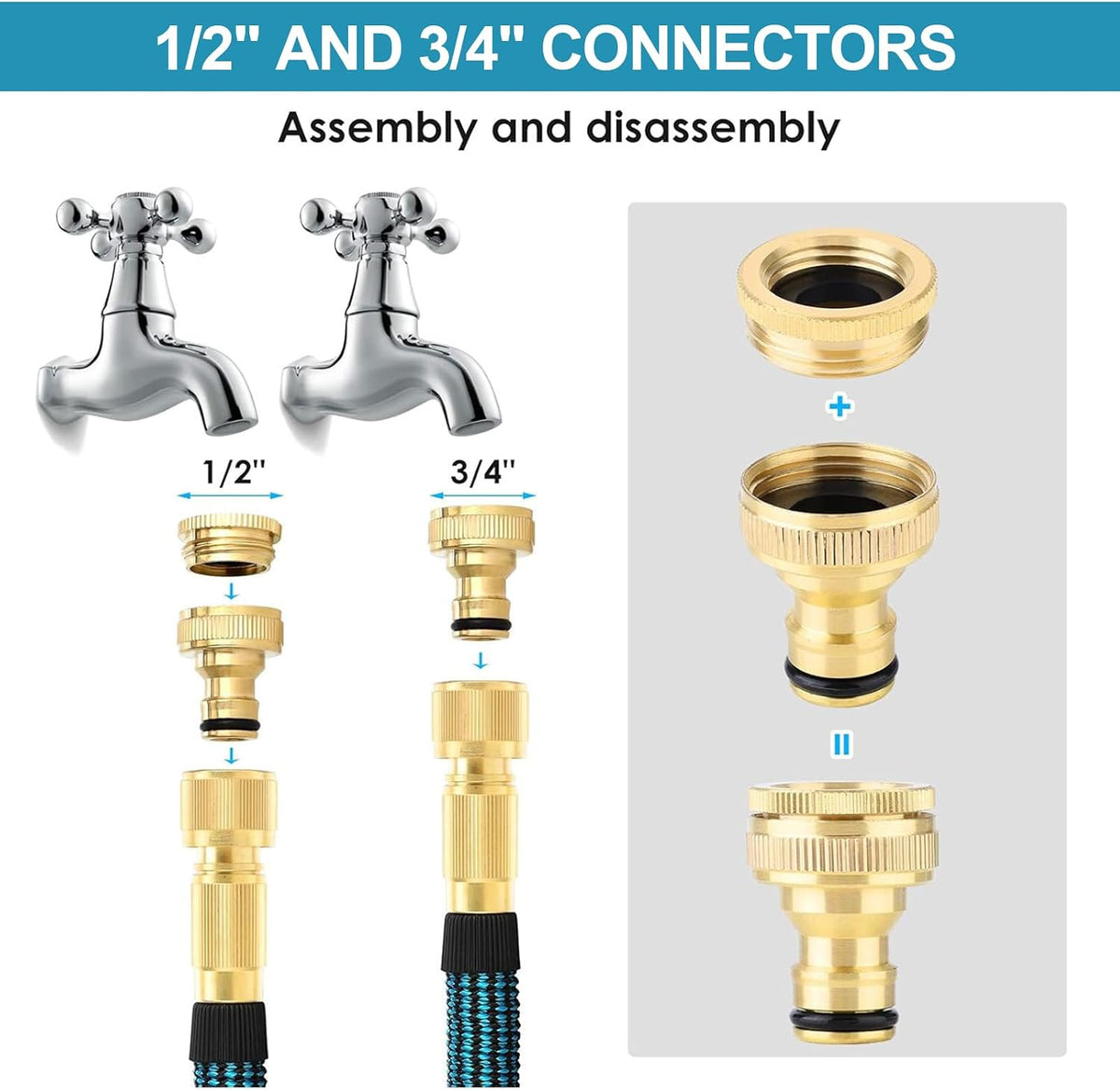 Expandable Garden Hose brass tap adapter compatible with 1/2 inch and 3/4 inch outdoor faucets