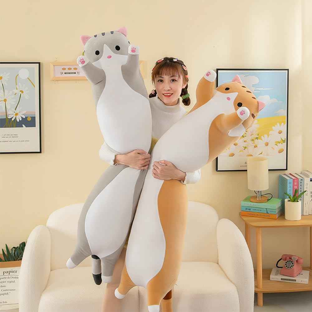Large Cat Plush Teddy 110 cm - Grey and tan plush pillows
