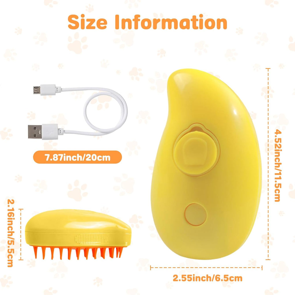 Steam pet brush dimensions and USB charging cable overview