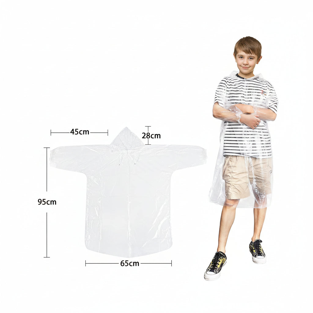 Disposable transparent rain poncho dimensions diagram and fit preview