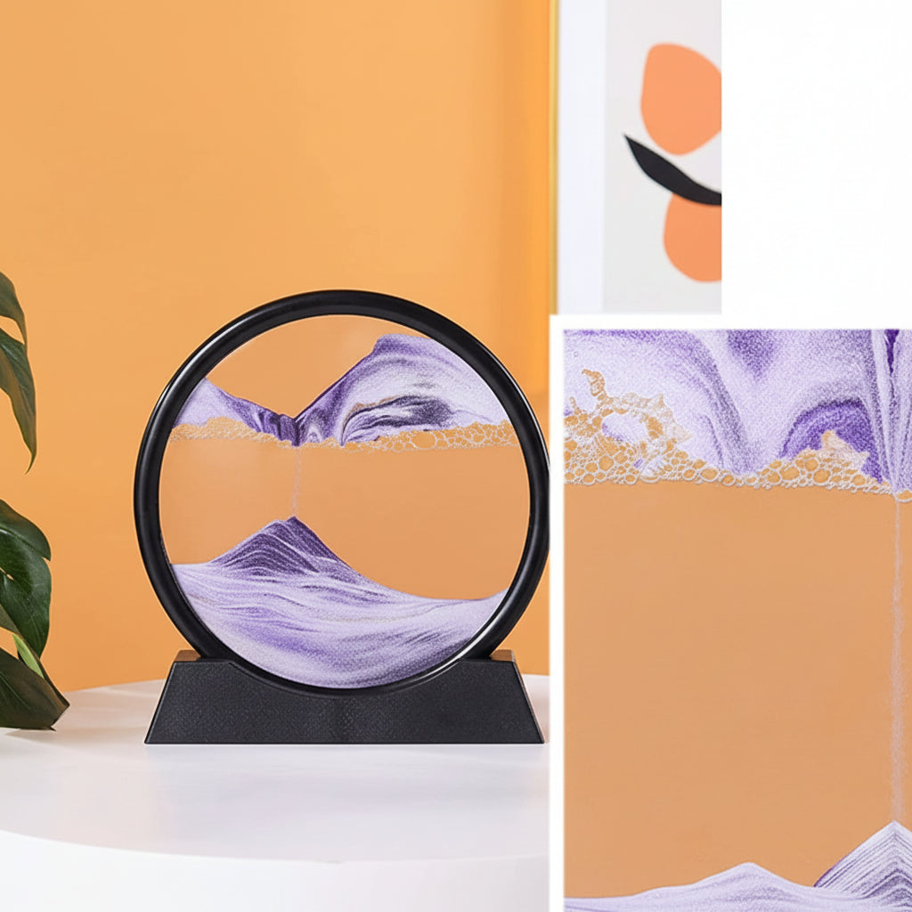 Moving Sandscapes purple and gold sand art frame on stand
