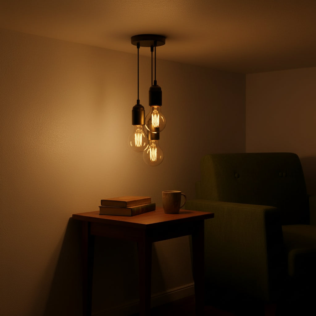 Dimly lit room with a hanging light bulb over a table with books and a mug.