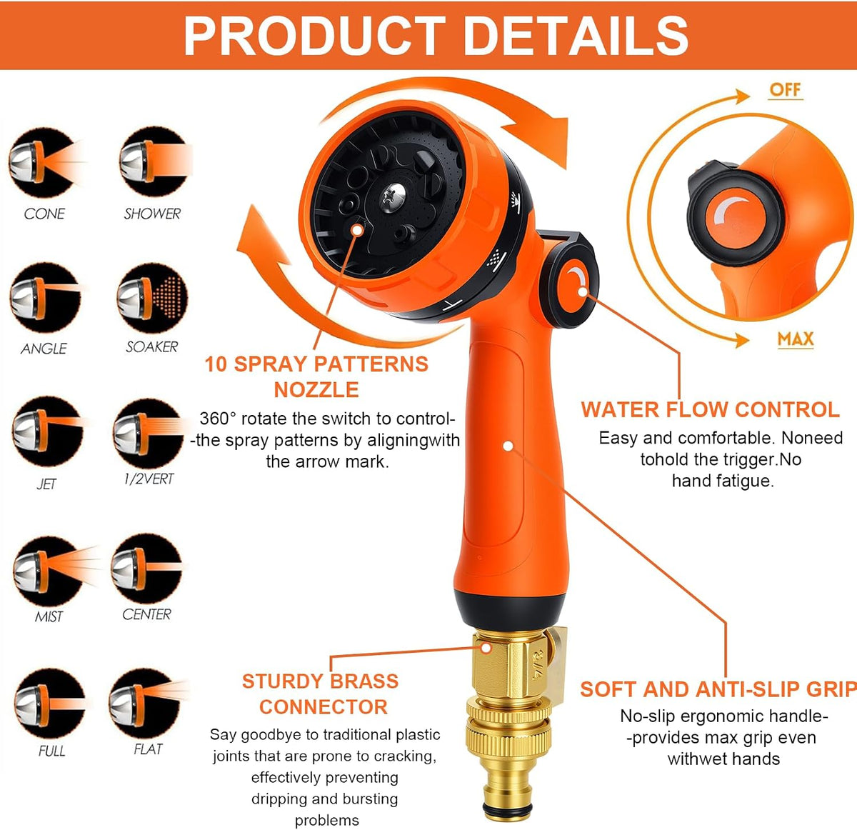 Expandable Garden Hose 10-pattern ergonomic spray nozzle dial settings and water flow control