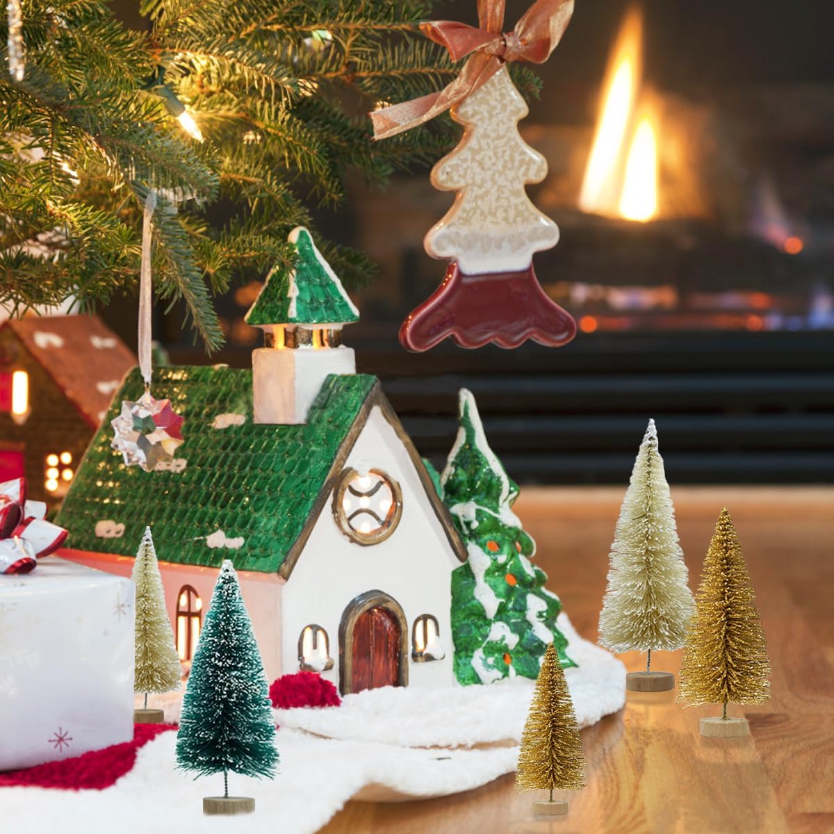 Mini Artificial Frosted Christmas Trees Styled in Holiday Village and Mantle Scene