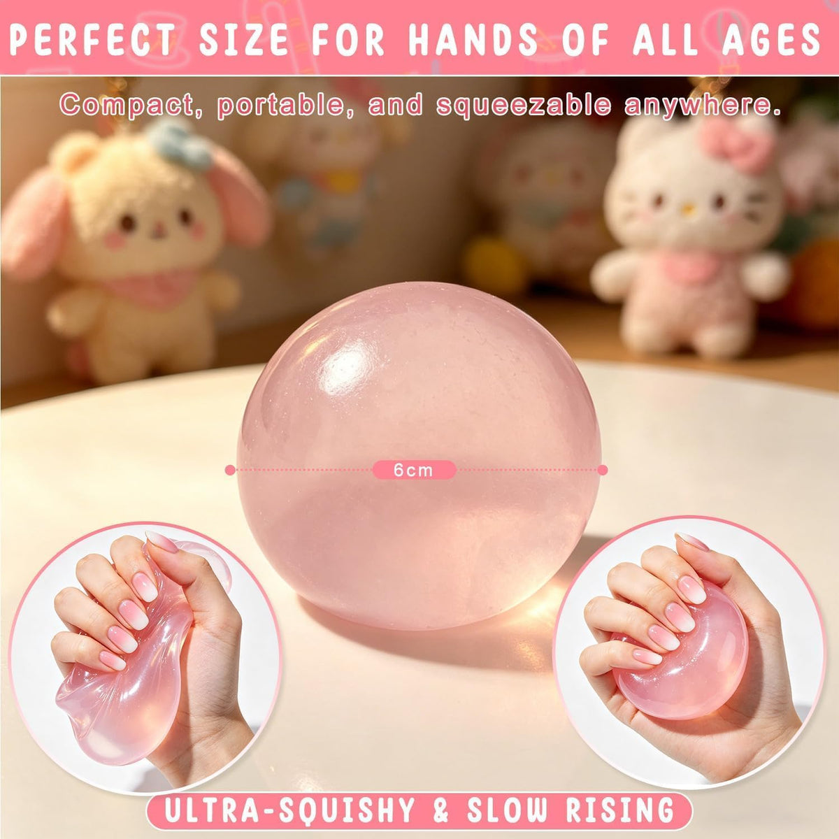 Hand squeezing a 6cm pink slow-rising coconut oil squishy sensory ball