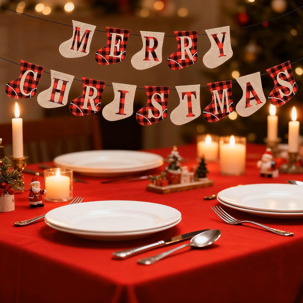 Merry Christmas burlap stocking banner holiday dining room backdrop