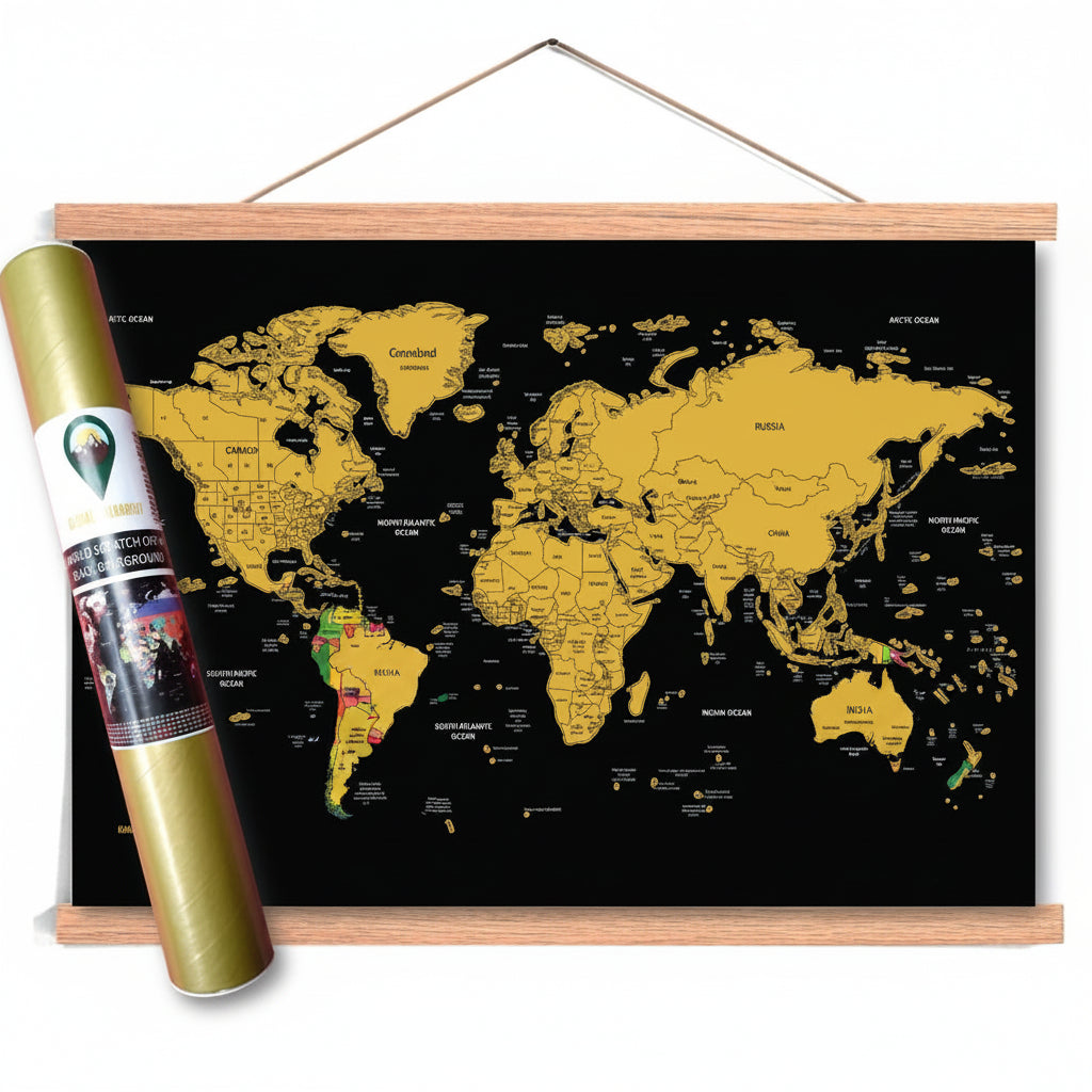 World Scratch Map - Wooden Hanger Frame
