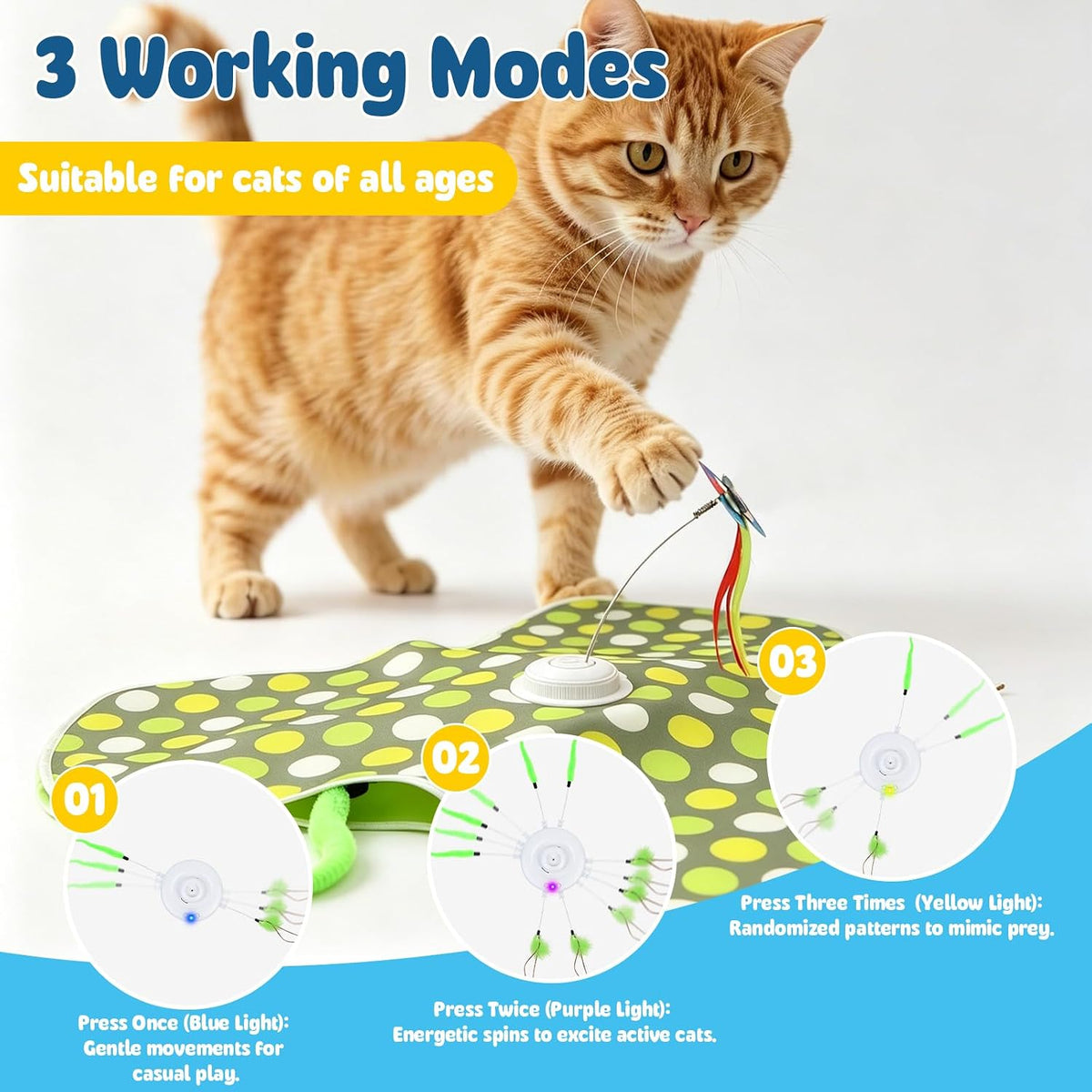 3-in-1 interactive cat toy base with spinning teaser and cat playing
