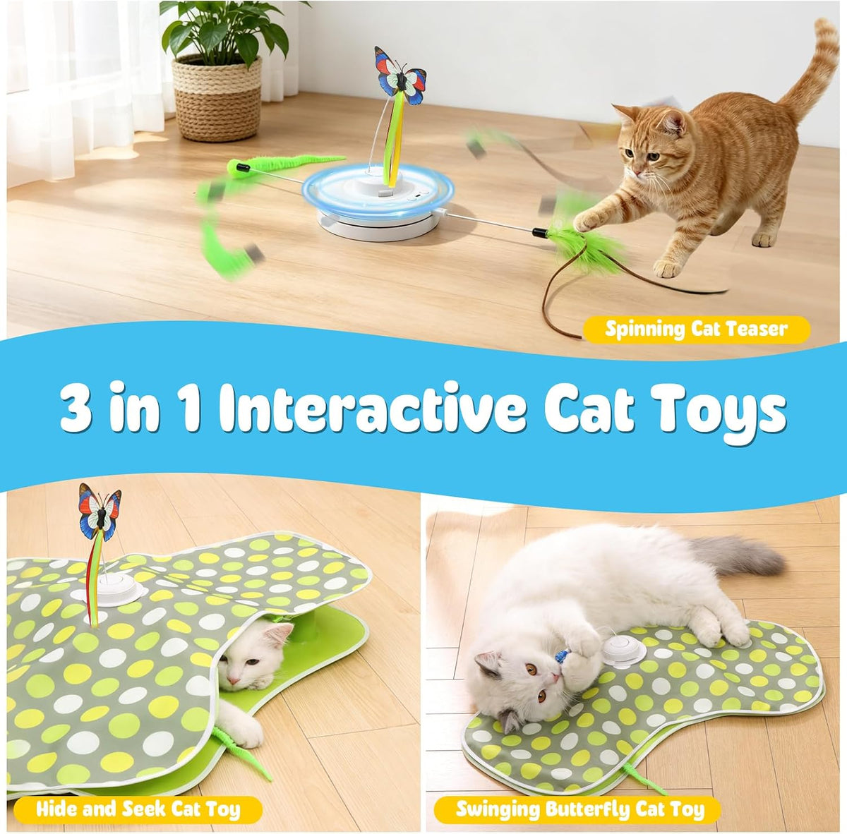 3-in-1 interactive cat toy with spinning teaser and butterfly accessories