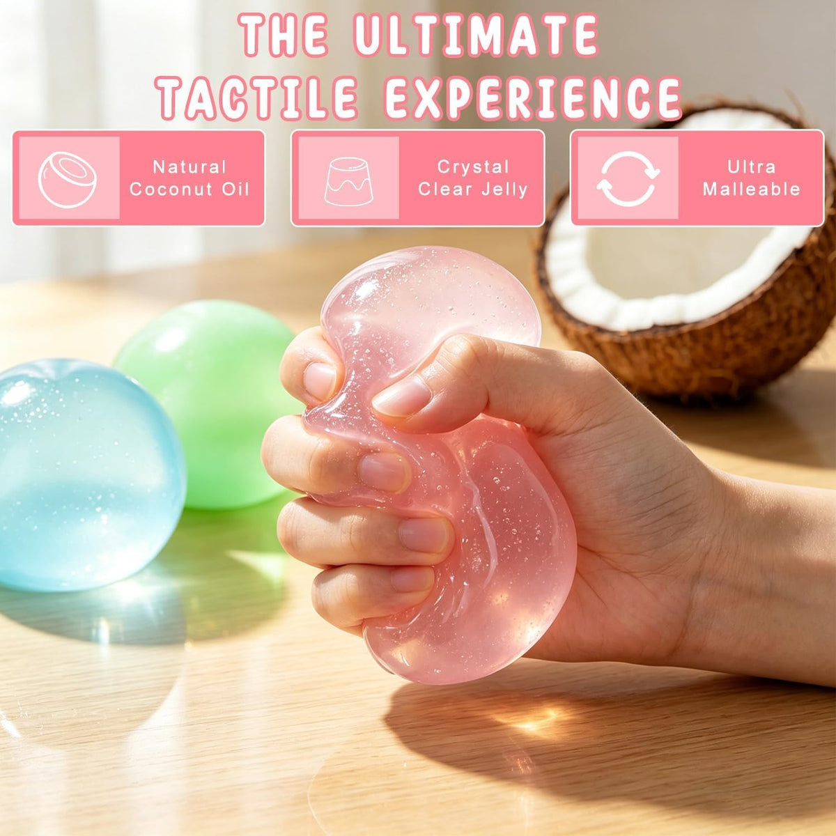 High-gloss translucent jelly coconut oil squishy toy showing texture and elasticity