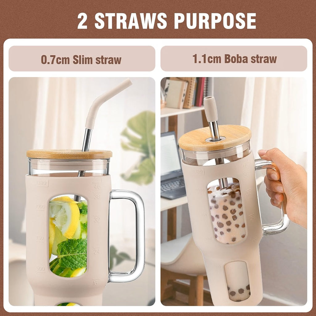 BLUEGO 1400ml Glass Tumbler Dual Straw Types