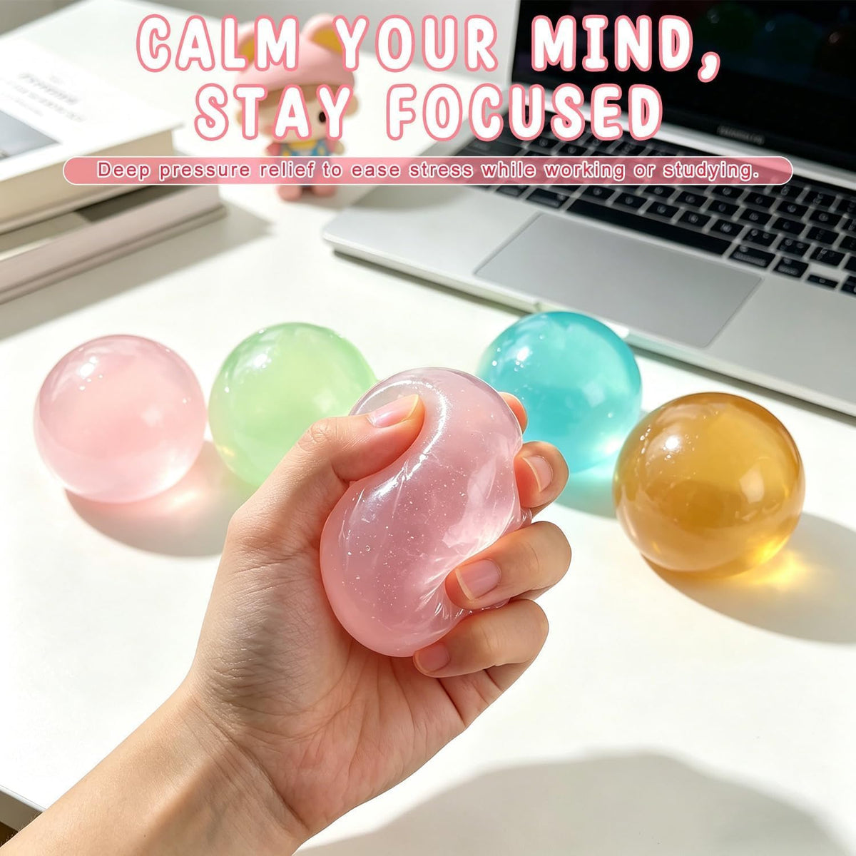 Translucent coconut oil squishy fidget toys displayed on an office desk