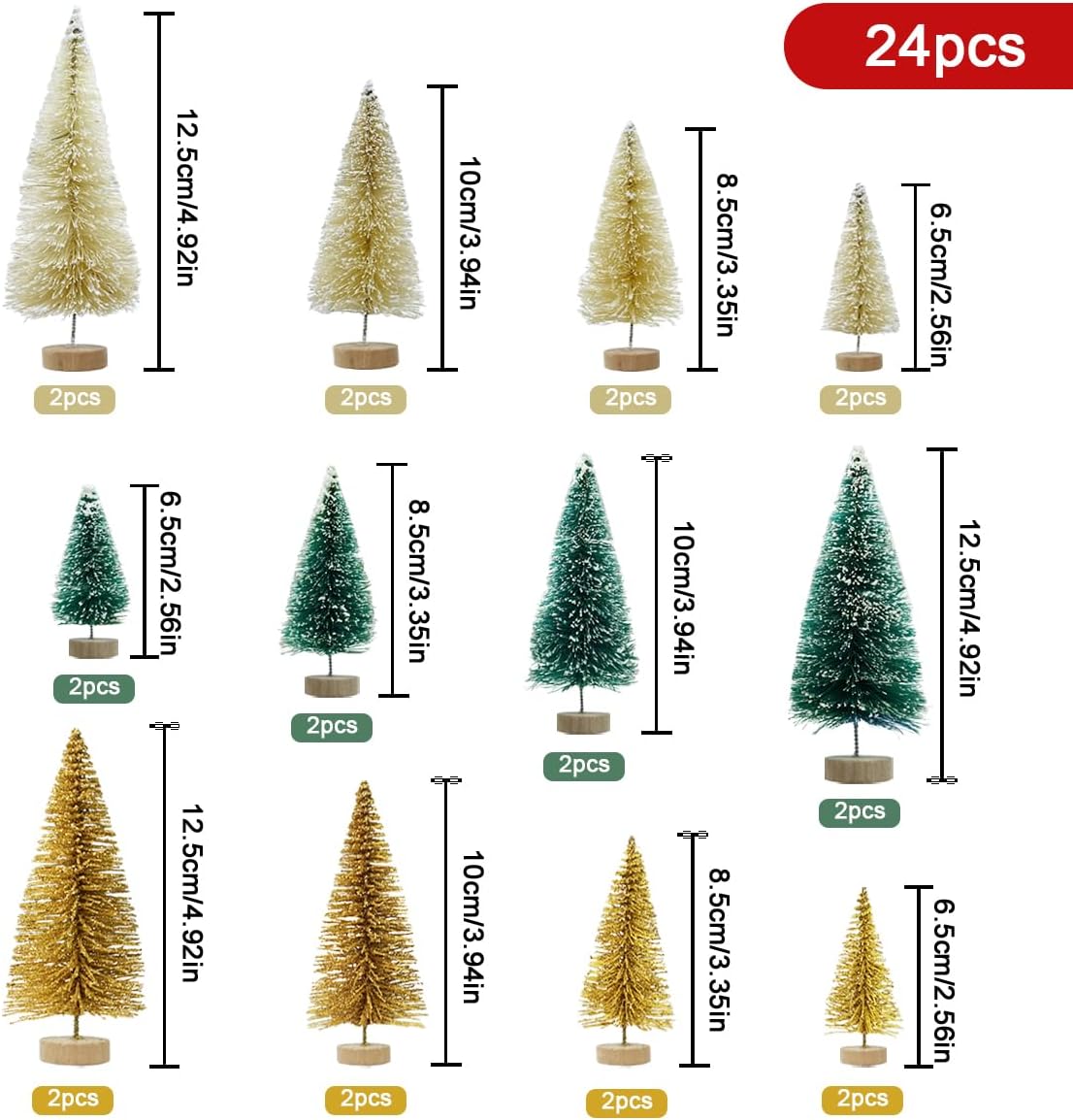Mini Sisal Bottle Brush Christmas Trees Set of 24 in 4 Assorted Sizes and 3 Colors