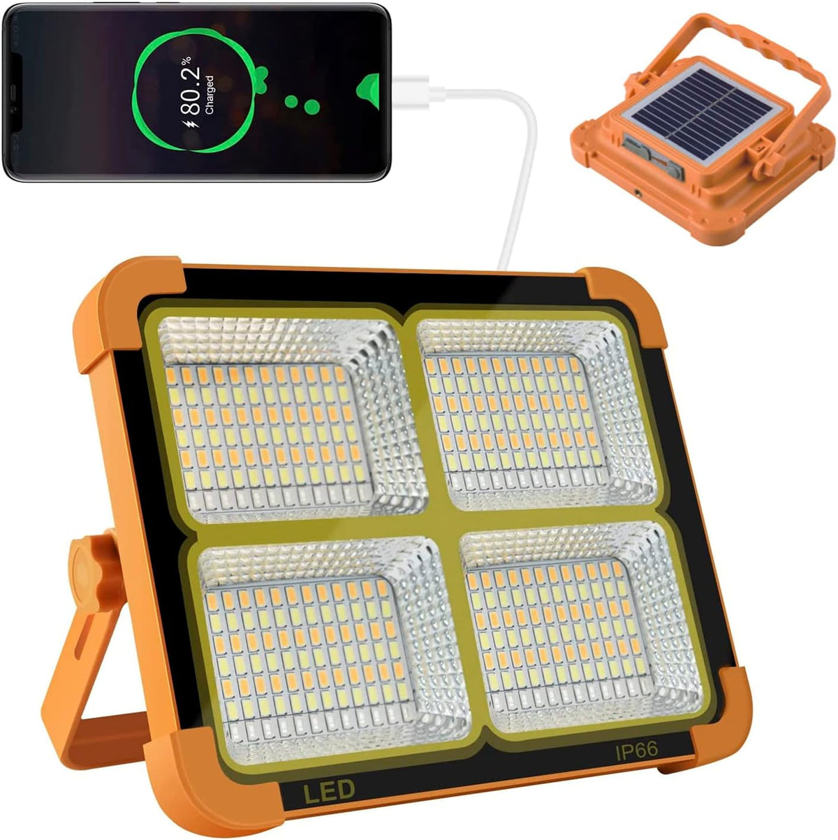 Solar Rechargeable LED Work Light with Built-In Power Bank and Stand