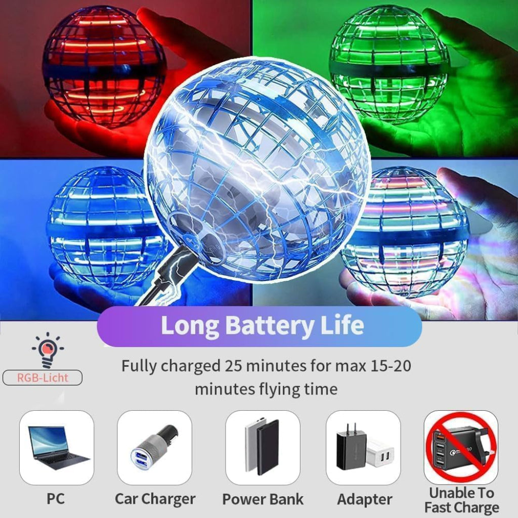 Floating Orb Ball blue edition showing USB charging and color variants