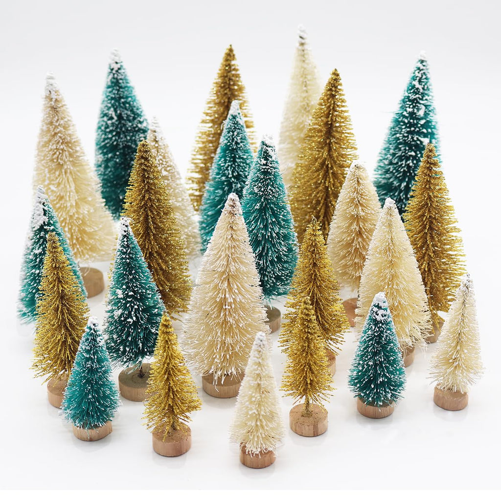 24Pcs Miniature Snow Frosted Christmas Trees in Gold, Green, and Ivory with Wooden Bases